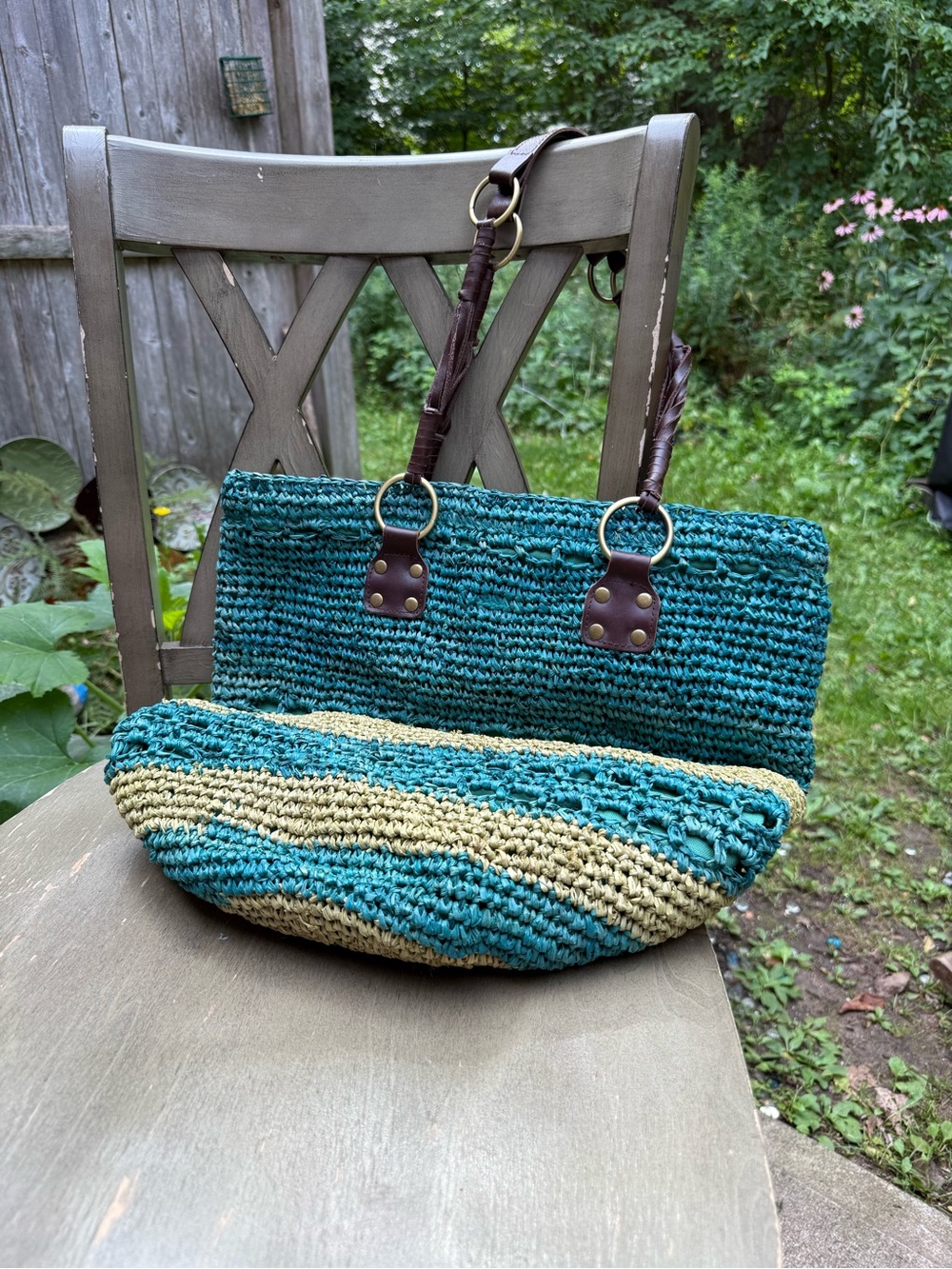 Flora Bella Woven Straw Tote Bag in Teal/Green with Brown Leather Handles